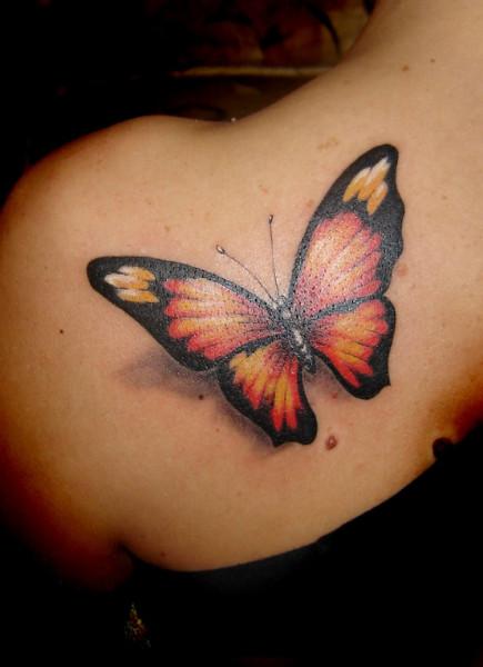 3D Mariposa Tattoo On Left Back Shoulder