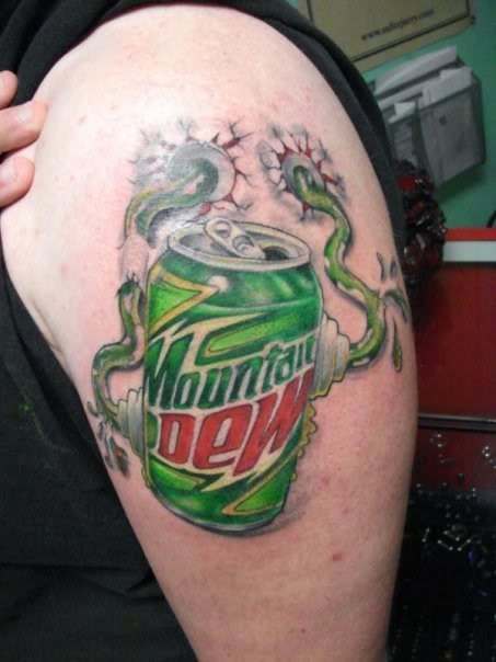 Mountain Dew Can Tattoo on Shoulder