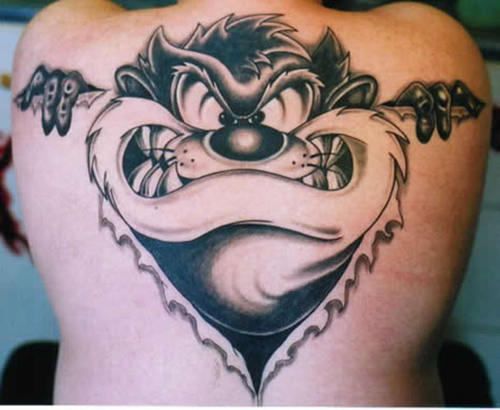 Black And Grey Ripped Skin 3D Taz Cartoon Tattoo On Full Back