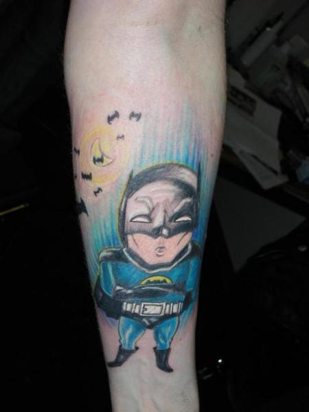 Colorful Batman Cartoon Tattoo On Forearm