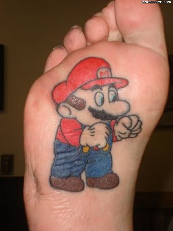 Colorful Mario Cartoon Tattoo On Under Foot