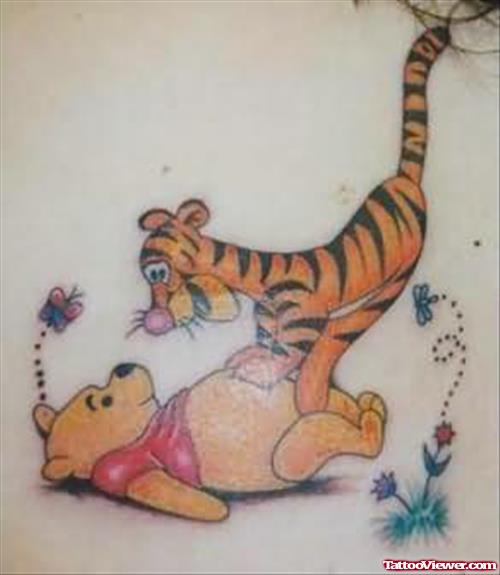 Colorful Pooh With Tigger Cartoon Tattoo Design