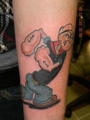 Colorful Popeye Cartoon Tattoo On Leg