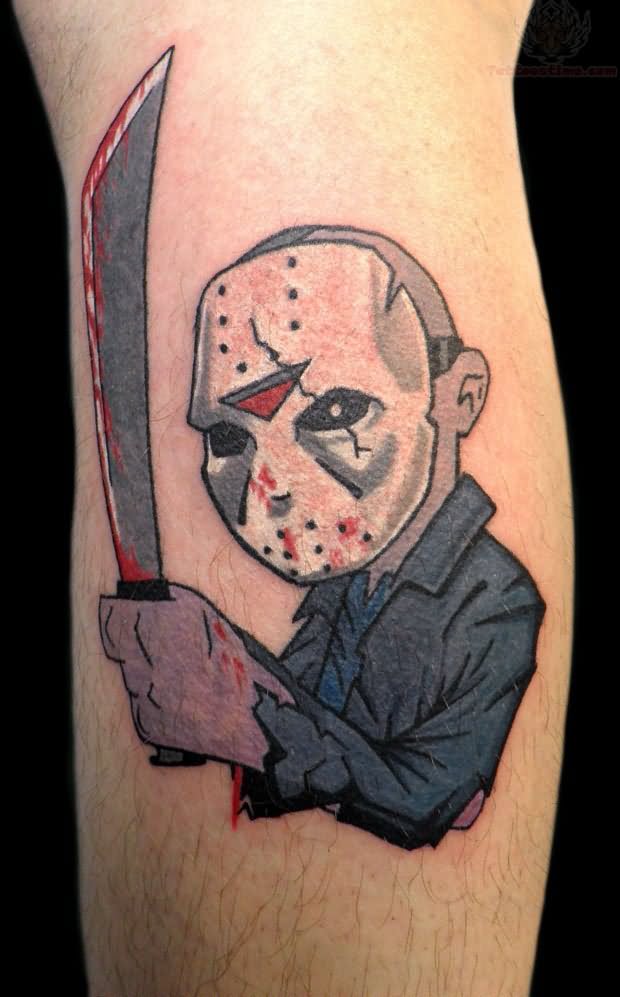 Horror Jason Vorhees Cartoon Tattoo On Leg Calf