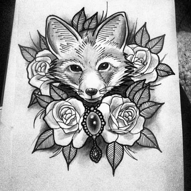 Black And Grey Cute Fox Head With Roses Tattoo Design