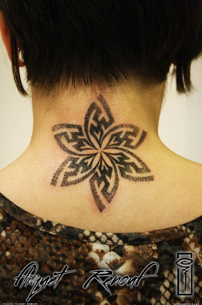 Dotwork Flower Tattoo On Back Neck