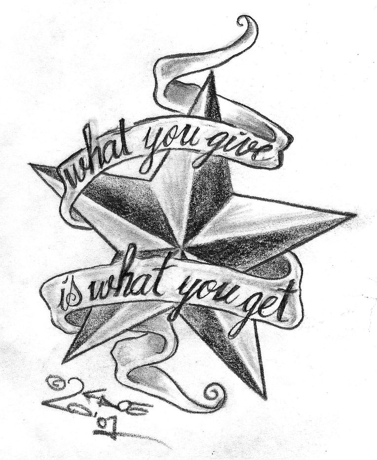 Grey Ink Nautical Star With Banner Tattoo Design