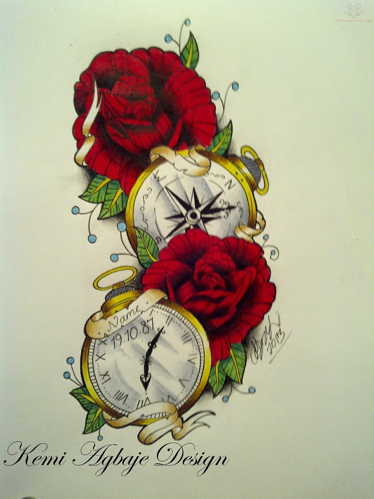 Two Red Roses With Pocket Watch And Compass Tattoo Design