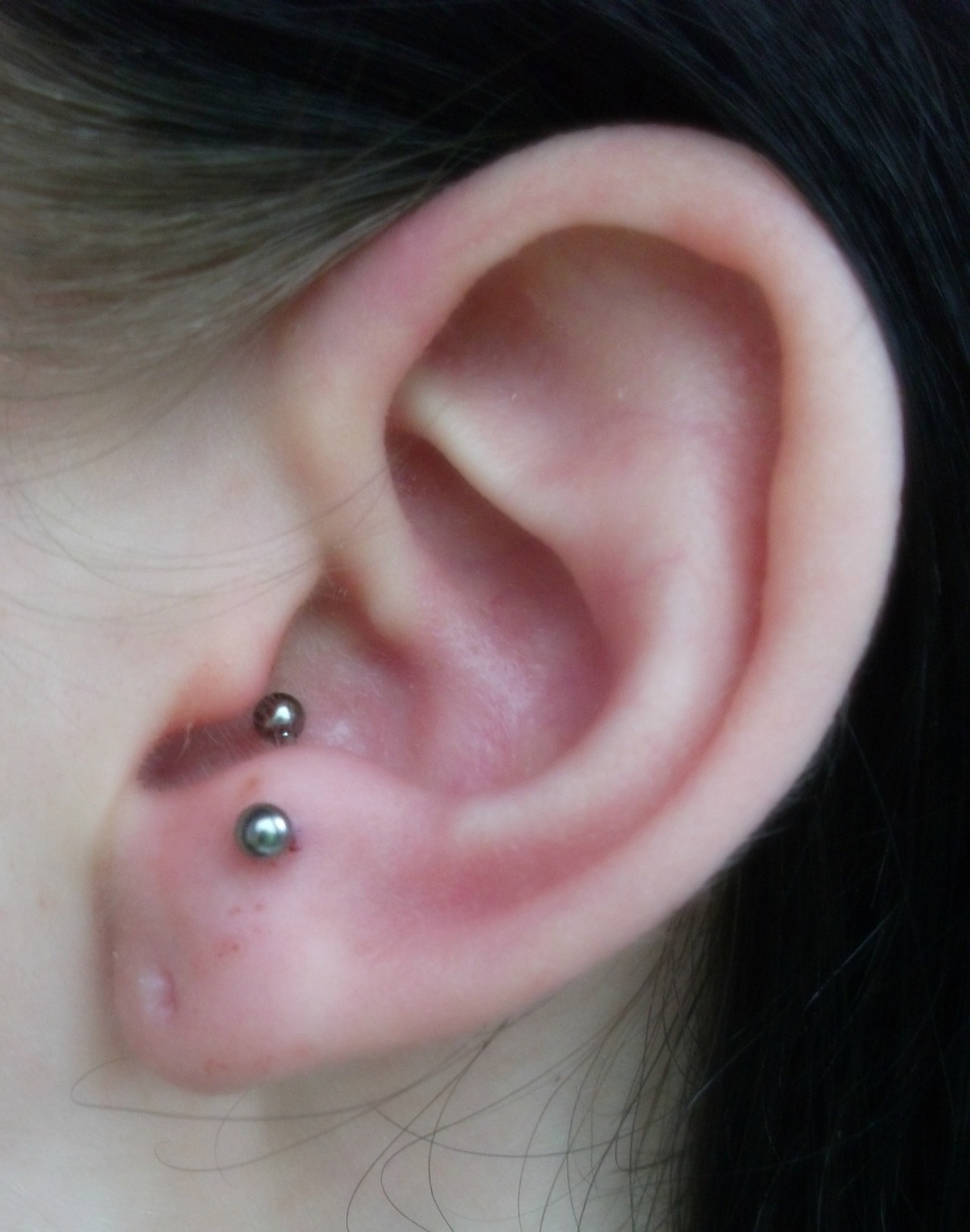 Girl Left Ear Anti Tragus Piercing With Silver Barbell