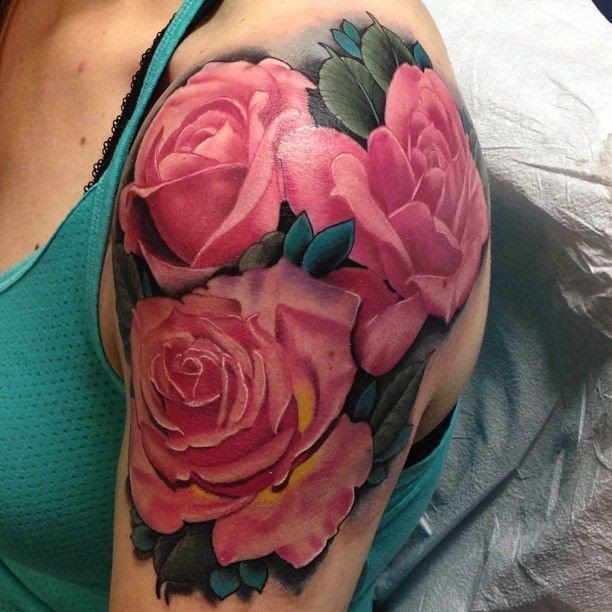 Awesome Three Pink Rose Tattoo On Shoulder By Kyle Wood