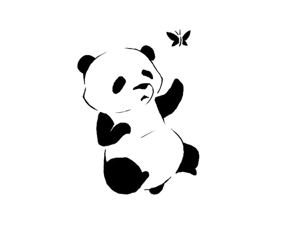 Black Panda Cub With Butterfly Tattoo Stencil