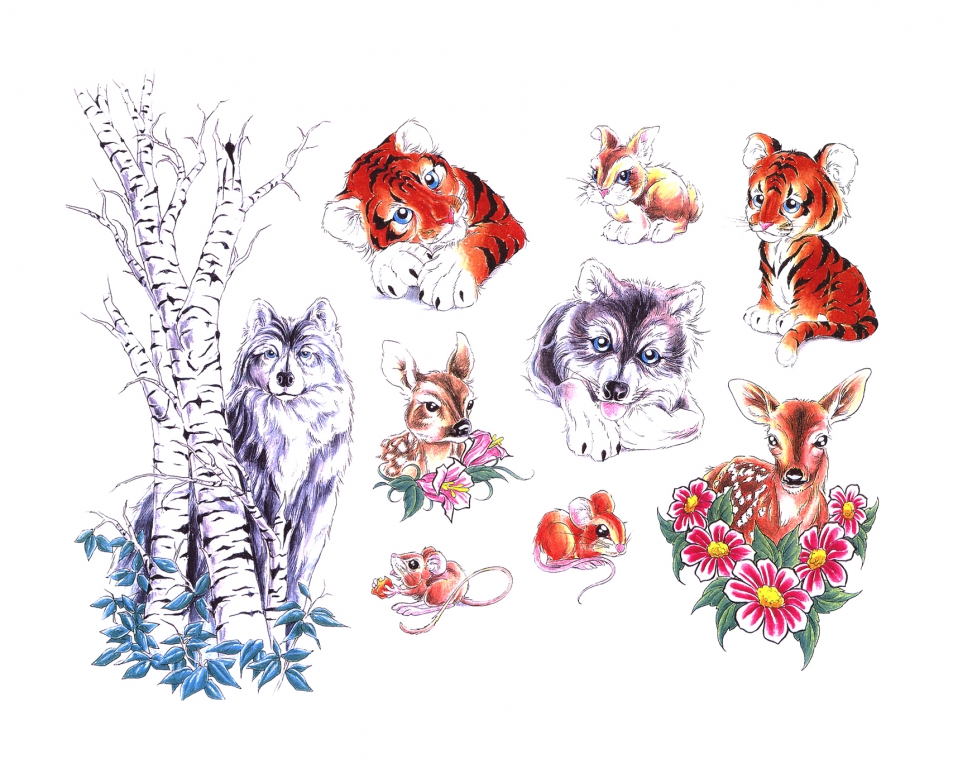 Colorful Animal Cubs Tattoo Flash