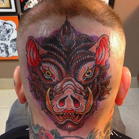 Amazing Colorful Boar Head Tattoo On Man Head