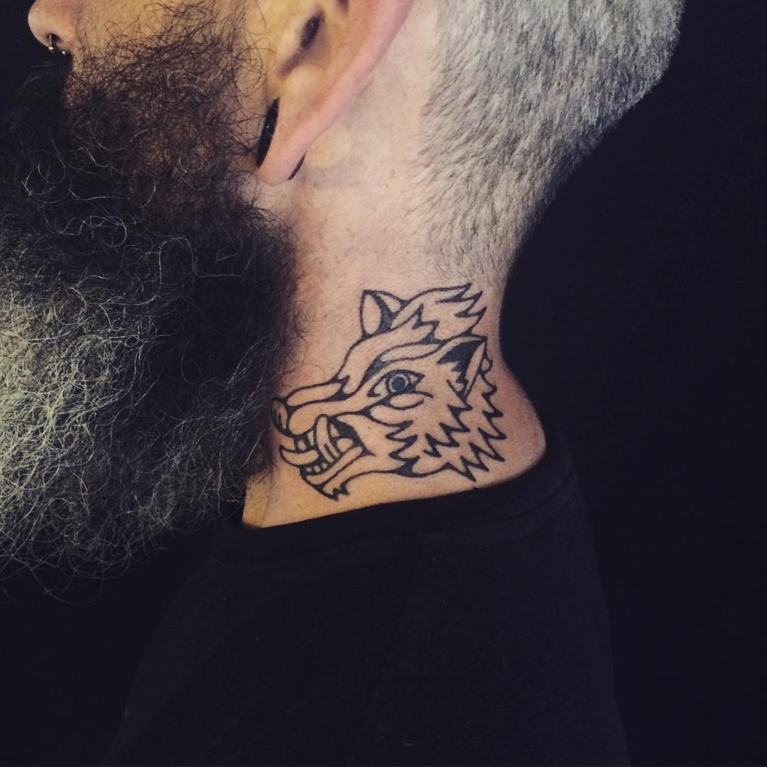 Black Outline Boar Head Tattoo On Man Side Neck