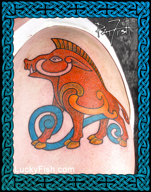 Colorful Celtic Boar Tattoo On Shoulder