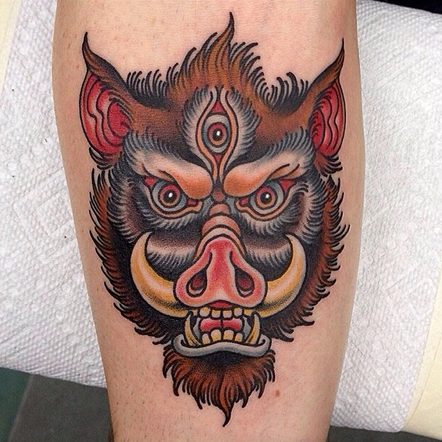 Unique Colorful Three Eye Boar Head Tattoo Design For Arm