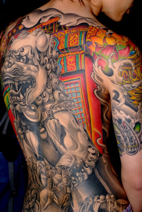 Amazing 3D Asian Lion Statue Tattoo On Girl Full Back By Sinophile