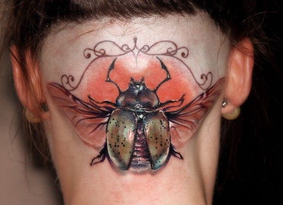 Awesome 3D Bug Tattoo On Back Neck By Robert Pena