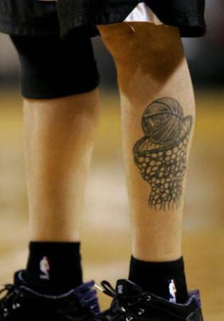 Black Ink Basketball With Net Tattoo On Leg