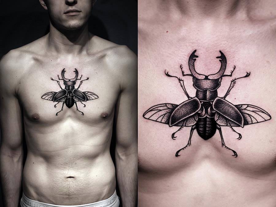 Black Ink Bug Tattoo On Man Chest By Kamil Czapiga