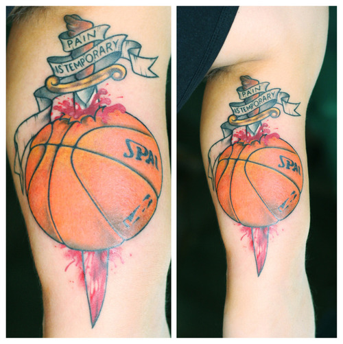 Knife In Basketball With Banner Tattoo On Leg Calf