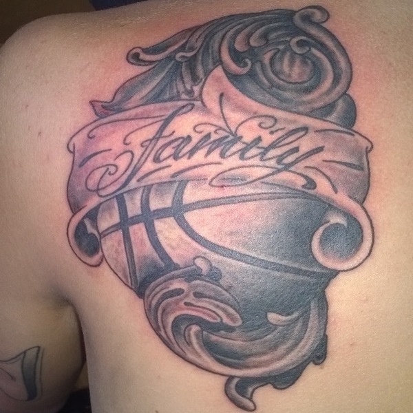 Unique Basketball With Family Banner Tattoo On Left Back Shoulder