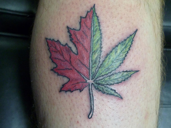 Red And Green Simple Pot Leaf Tattoo On Leg