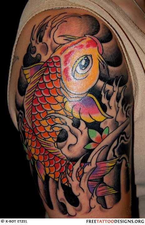 Amazing Colorful Koi Tattoo On Right Shoulder