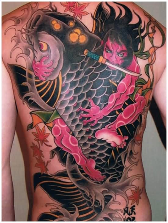 Amazing Koi Tattoo On Full Back