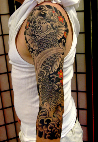 Black And Grey Koi With Orange Flowers Tattoo On Left Full Sleeve