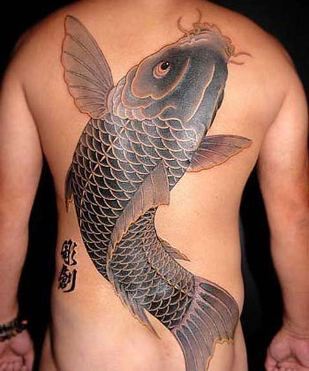 Black Ink Koi Tattoo On Full Back