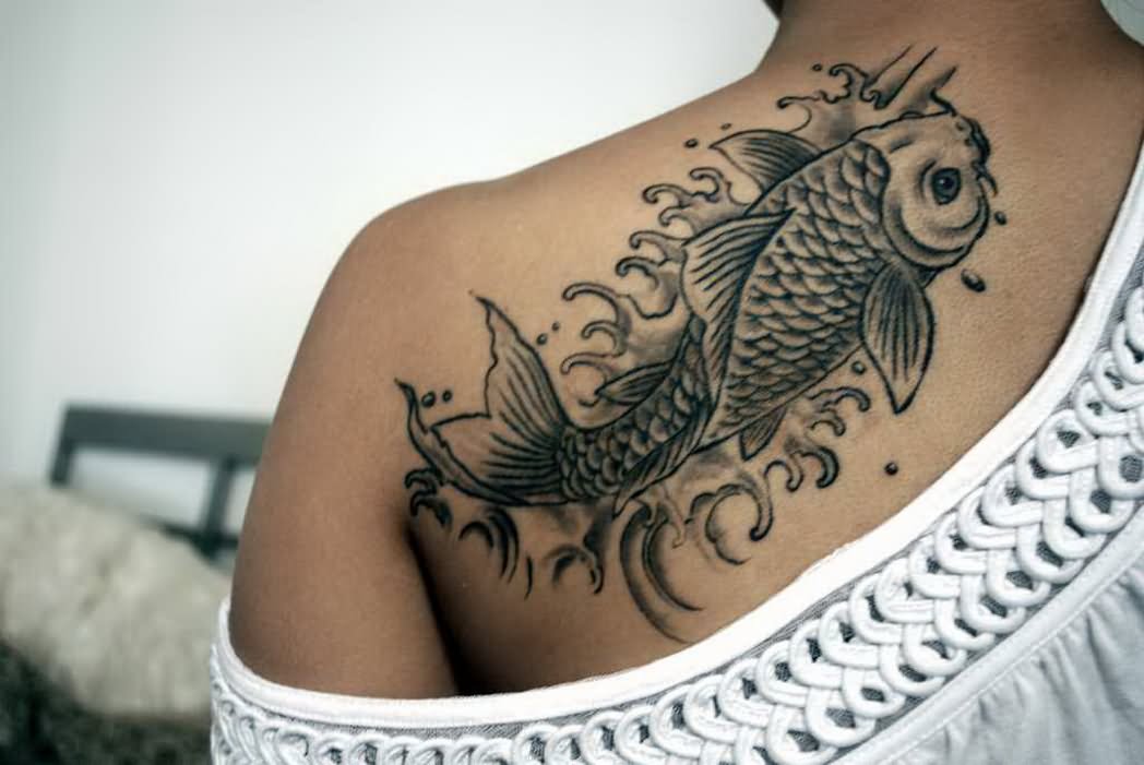 Black Ink Koi Tattoo On Left Back Shoulder