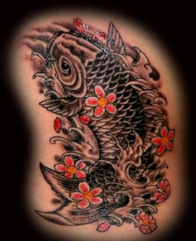 Black Ink Koi With Flowers Tattoo Design