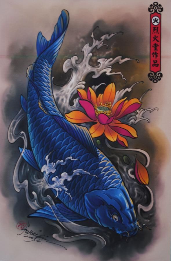 Blue Ink Koi With Flower Tattoo Design