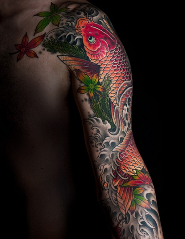 Koi With Leaves Tattoo Design For Full Sleeve