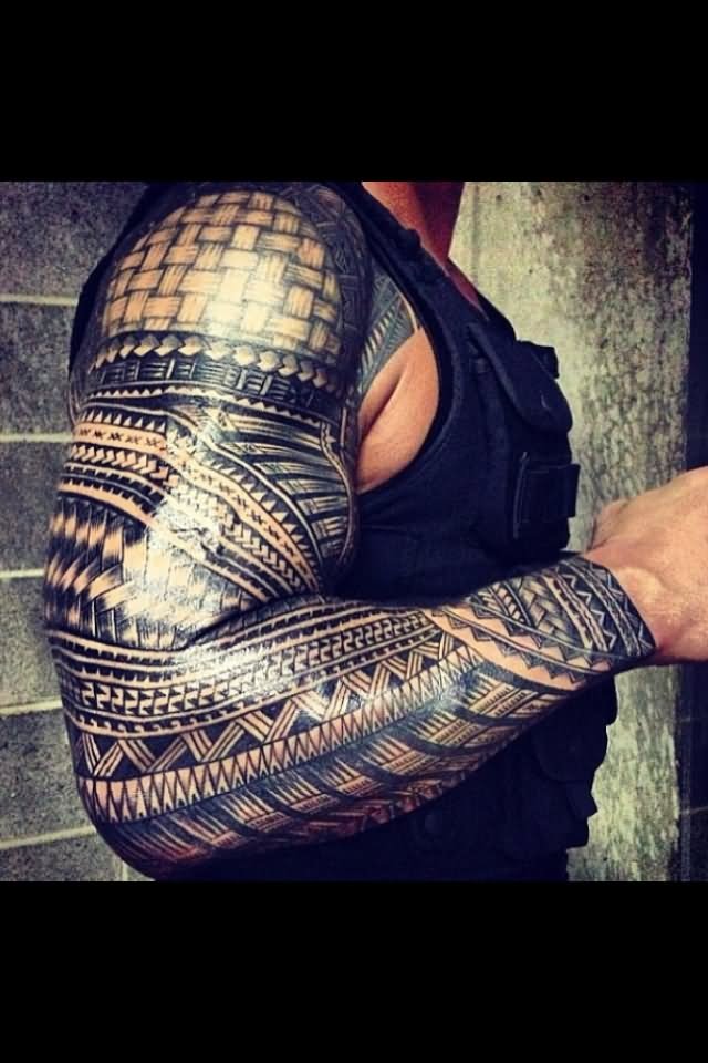 Black Polynesian Tattoo On Wrestler Roman Reigns Right Half Sleeve