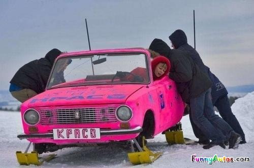 Men Pushing Pink Car Sled Funny Picture