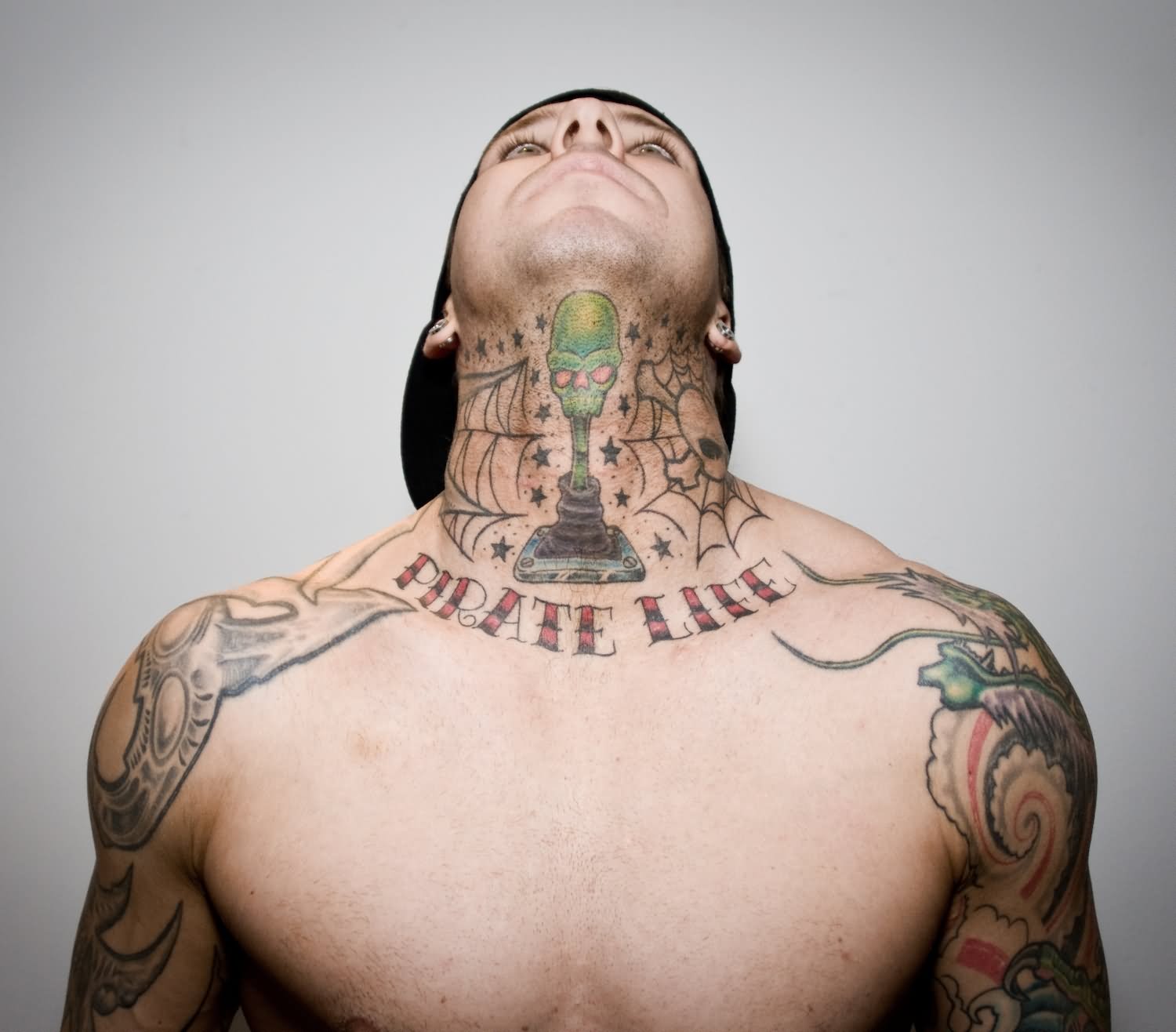 Pirate Life - Skull Gear Handle Tattoo On Wrestler Shannon Moore Neck