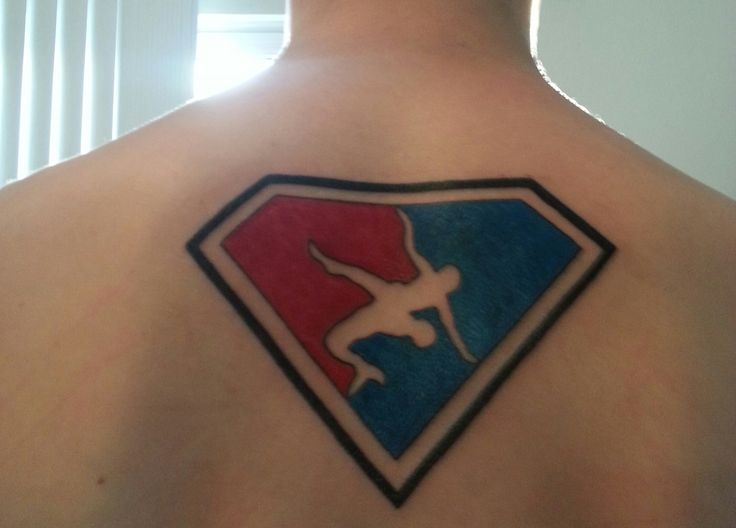 USA Wrestling Logo In Diamond Shape Tattoo On Upper Back