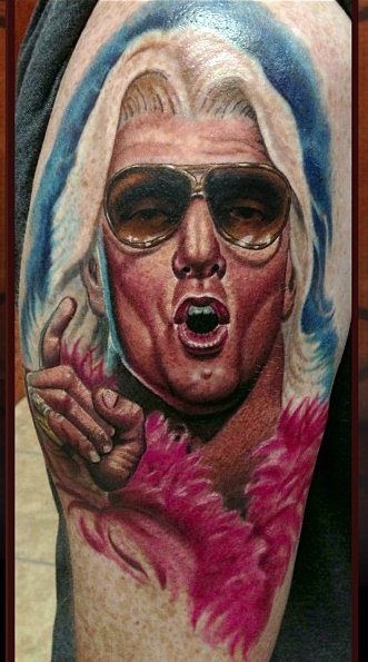 Wrestler Ric Flair Head Tattoo On Man Left Half Sleeve