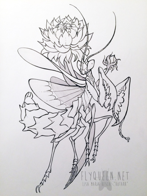 Mantis With Flower Tattoo Stencil