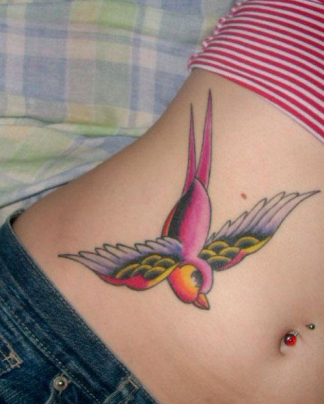 Cute Colorful Flying Bird Tattoo On Stomach