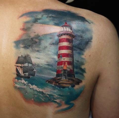 Color Ink Lighthouse Tattoo On Right Back Shoulder