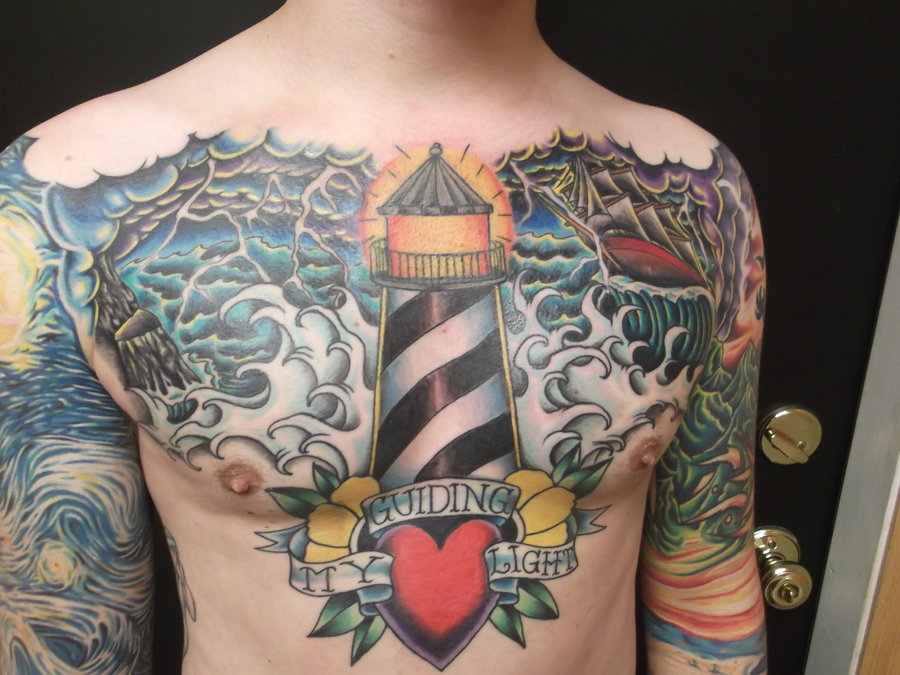 Colored Water Eaves And Lighthouse Tattoo On Chest by Flipmccoy