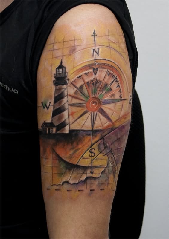 Lighthouse Tattoo And Compass On Half Sleeve by Tattoozone