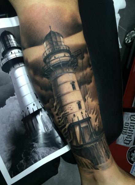 Lighthouse Tattoo On Leg by Freddy Tattoo