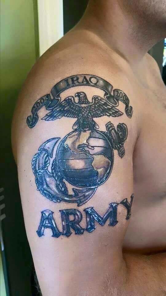 Army – US Marines Symbol With Banner Tattoo On Man Right Shoulder