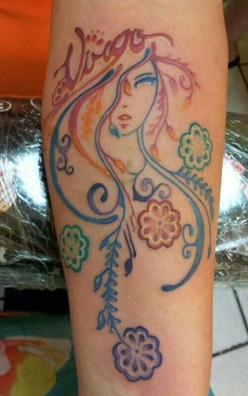 Colored Flowers And Virgo Tattoo On Arm Sleeve