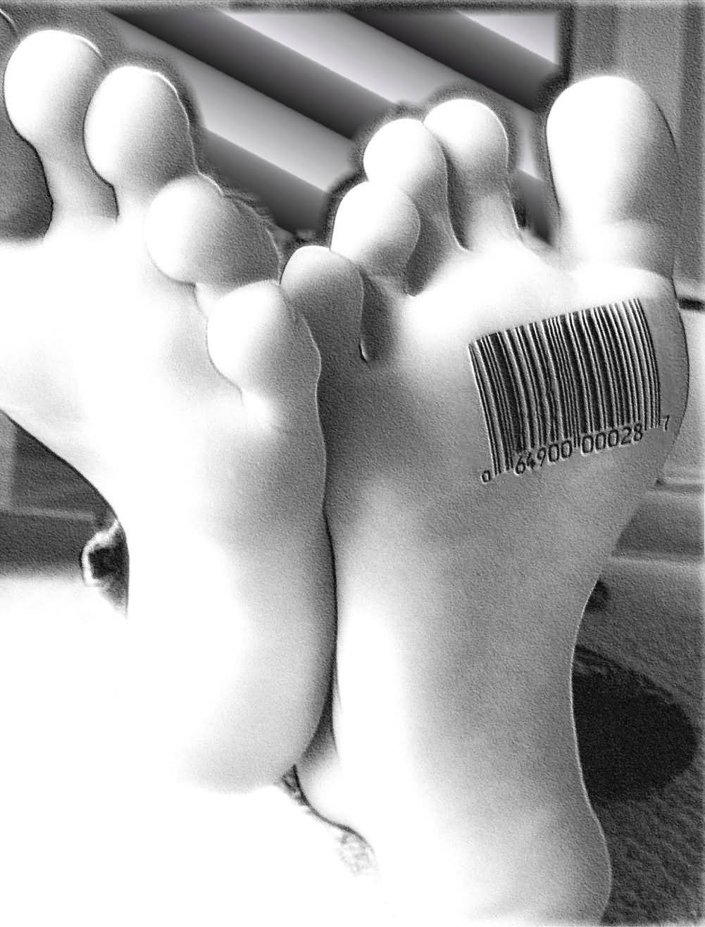 Black Outline Barcode Tattoo On Under Foot