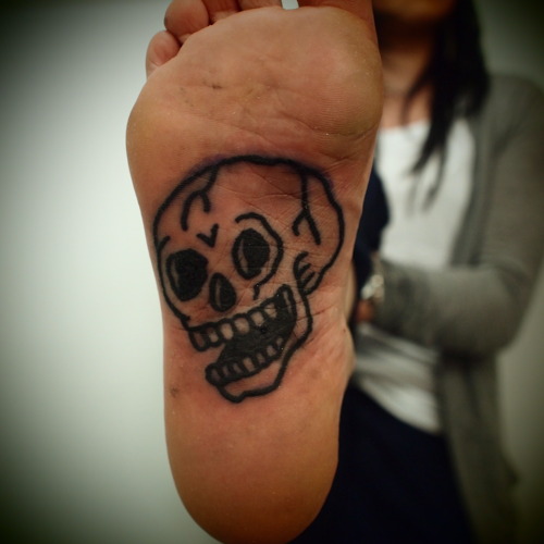 Black Outline Skull Tattoo On Under Foot